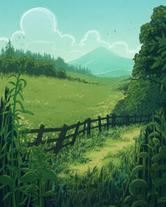 An illustration of an overgrown path running alongside green fields. Hills and clouds can be seen in the distance against a blue sky.