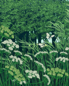 An illustration of tall flowers and saplings waving in the wind at the edge of a wooded area. Two white butterflies are flying among the plants.