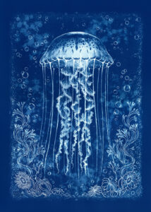 A cyanotype print of a purple-striped jellyfish and sea anemones.