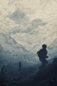 An illustration showing mountains among thick fog and clouds. Two figures are silhouetted in front of the mist.